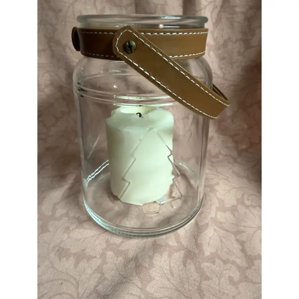 Glass Lantern with Embossed Tree Faux Leather Handle Christmas/ Winter Decor